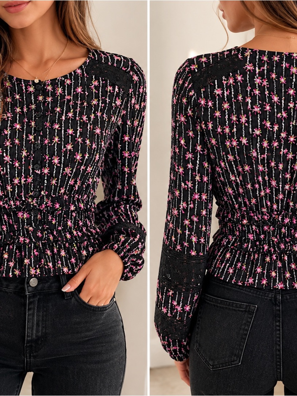 EN/KAY Black Pink Floral Ruffle Waist Blouse Size Medium Boho Romantic